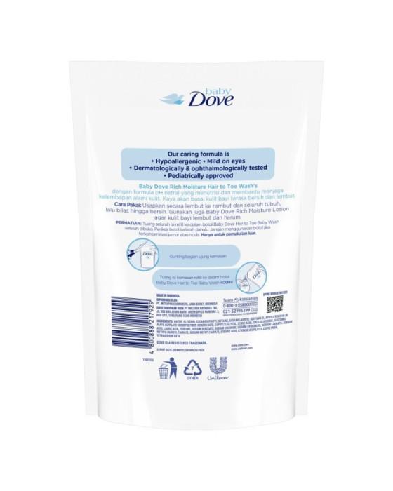 DOVE BABY RICH MOISTURE HAIR TOE REFILL 430ML