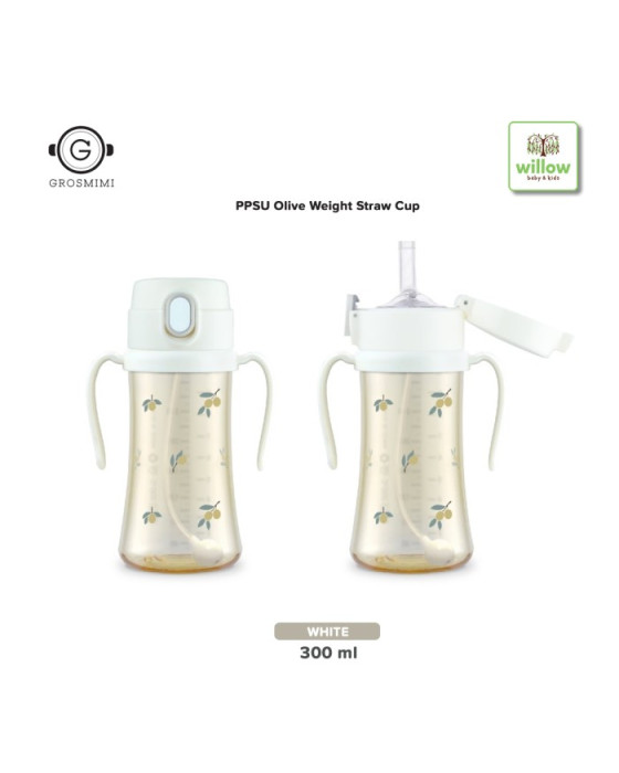 GROSMIMI OWSC300 PPSU OLIVE WEIGHED STRAW CUP - WHITE, 300ML