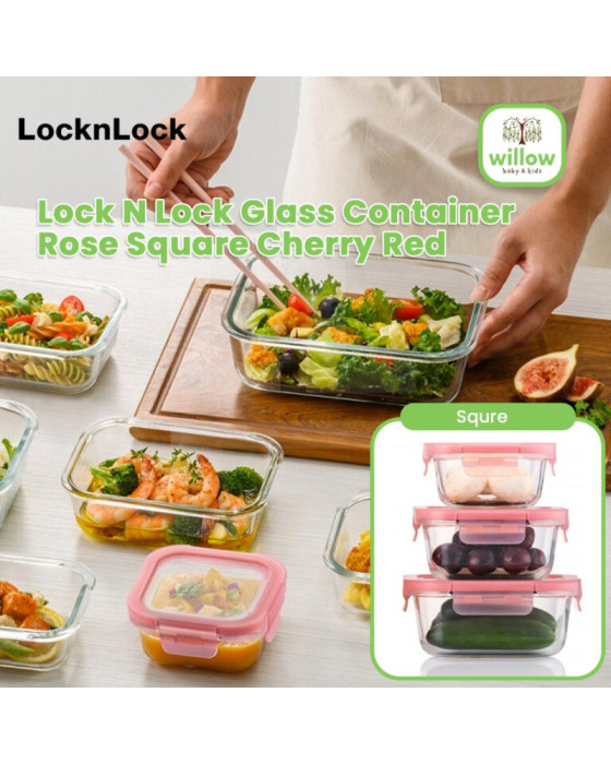 Lock N Lock Glass Container Rose Square Cherry Red Tempat Penyimpanan Makanan