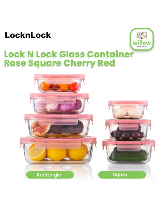 Lock N Lock Glass Container Rose Square Cherry Red Tempat Penyimpanan Makanan