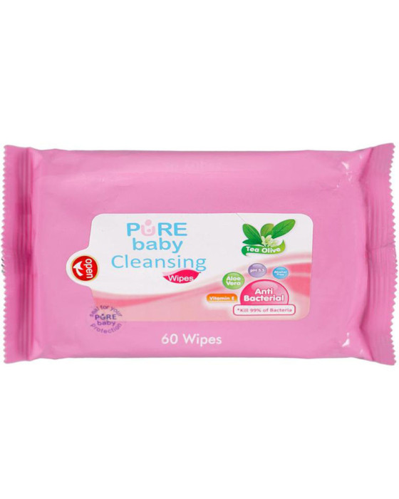 PURE BABY CLEANSING WIPES TEA OLIVE 60S BANDED 1+1