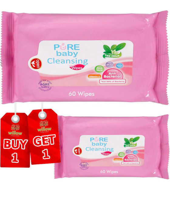 PURE BABY CLEANSING WIPES TEA OLIVE 60S BANDED 1+1